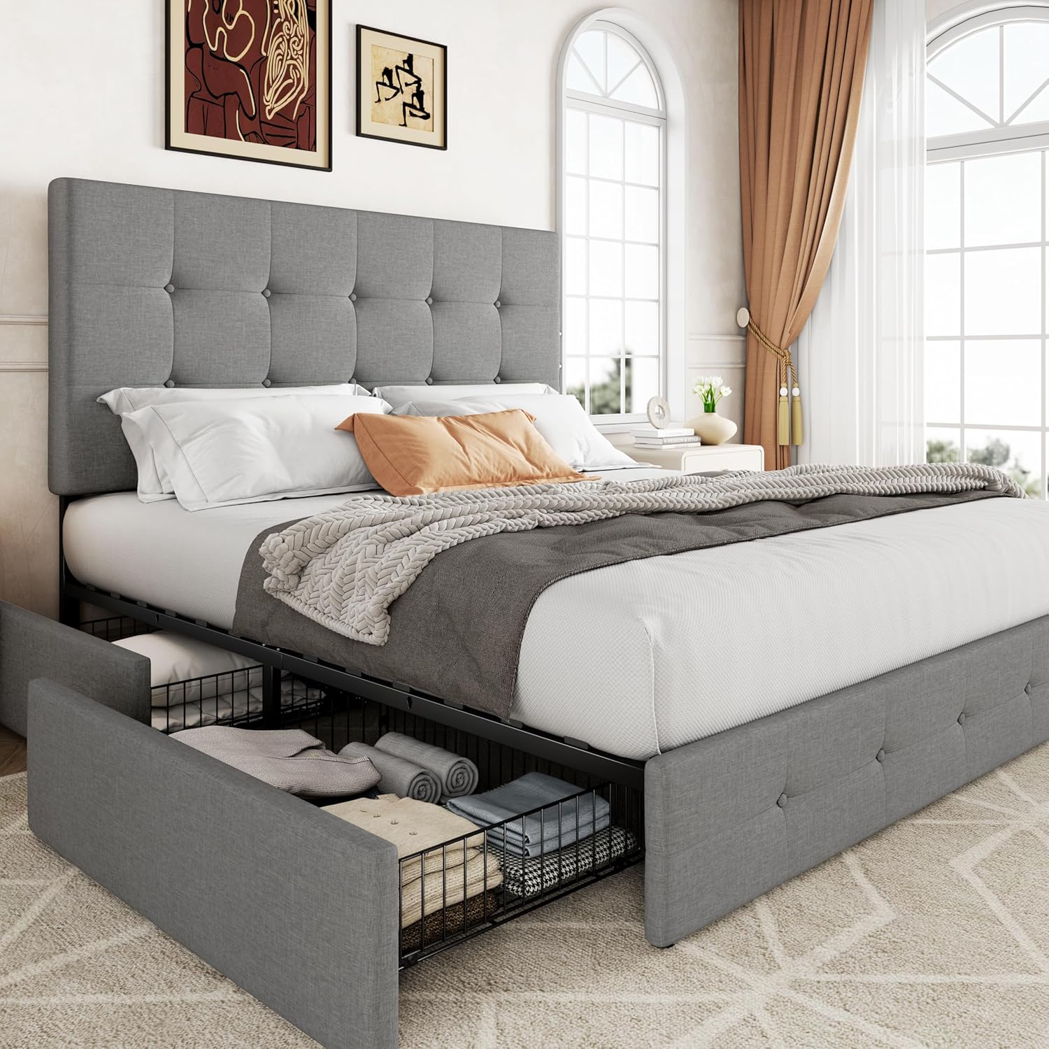 Allewie Upholstered Queen Size Platform Bed Frame with 4 Storage Drawers and Headboard wourant