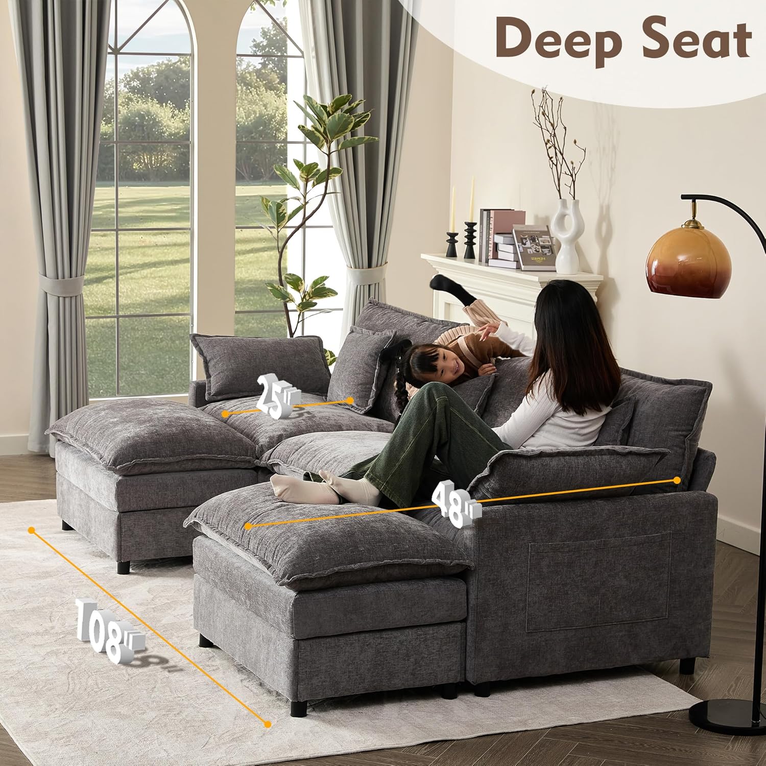108 Inch U Shape Sofa Sectional Sofa Comfortable Cloud Sofa with Removable Footstool wourant