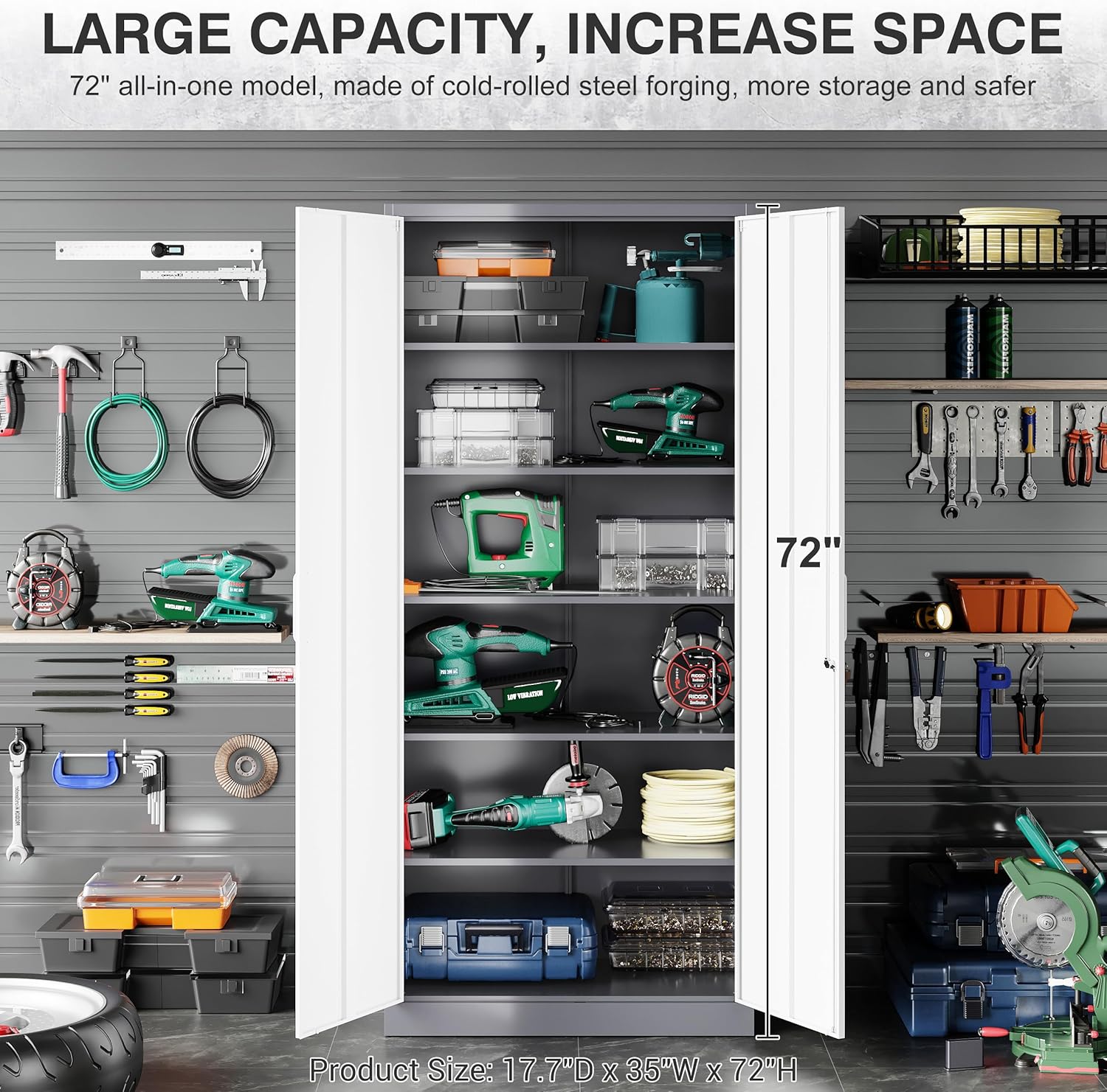 Metal Storage Cabinet with 2 Doors and 6 Shelves, Black Metal Cabinet with Lock, 71 Inch Lockable Garage Storage Cabinet wourant