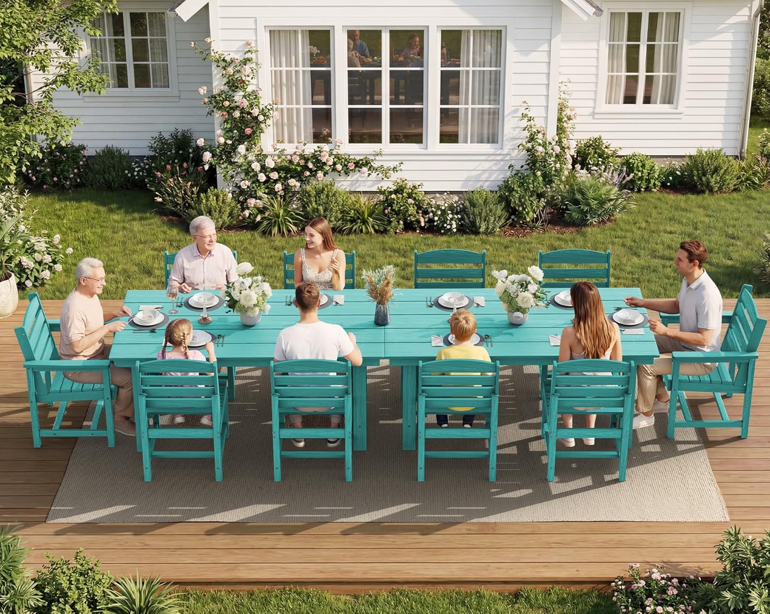 SERWALL 7-Piece Patio Dining Table Sets, Outdoor HDPE Dining Furniture Set with Umbrella Hole Cut-Out Table and 6 Chairs, Blue woonhhop