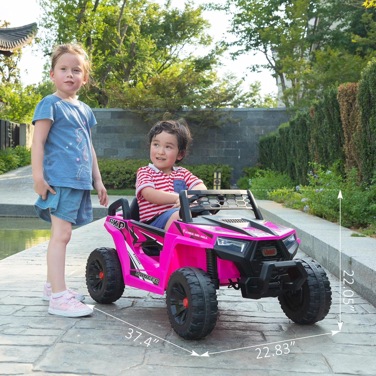 TOBBI 12V Kids Ride on Car, Electric Off-Road UTV Truck with Diverse Functions, Double Open Doors, Safety Belt, Horn, Music, and Lights for Kids Aged 3-5 Years (Rose Red) wourant