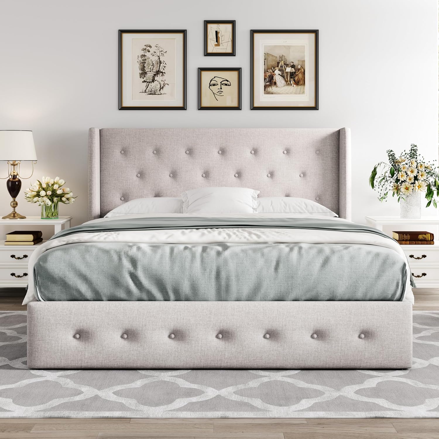 Allewie Queen Size Lift Up Storage Bed Modern Wingback Headboard Hydraulic Support wourant