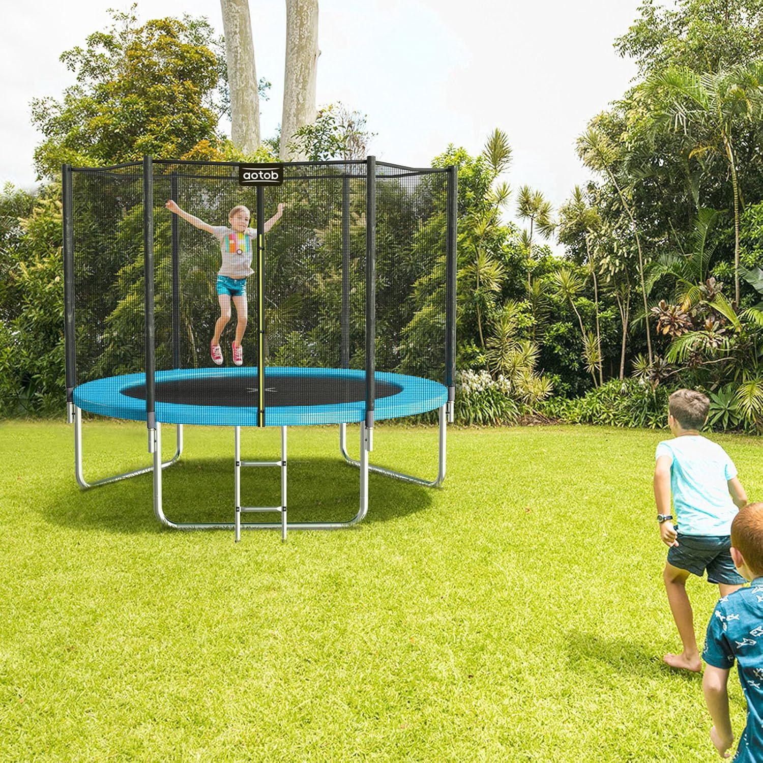 AOTOB 8FT 10FT 12FT 14 FT 15FT Trampoline with Safety Enclosure Net，Outdoor Trampoline with Basketball Hoop, Heavy Duty Jumping Mat and Spring Cover Padding for Kids and Adults, Storage Bag and Ladder wourant