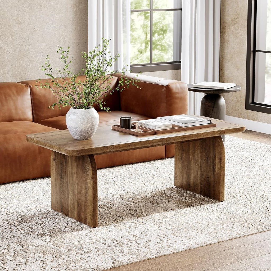LITTLE TREE Farmhouse Coffee Table, 47 Inch Round Corner Wood Center Table, Rectangular Living Room Table, Modern Low Cocktail Tea Set wourant