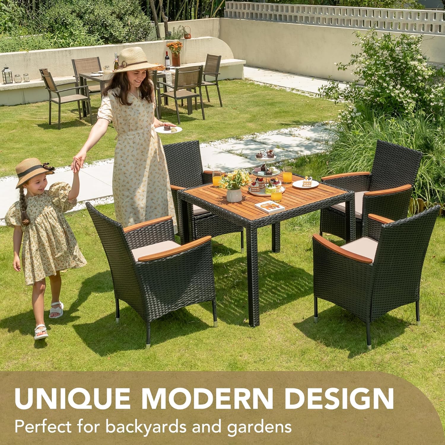 Devoko Dining 7 PCS Furniture, Patio Conversation Set with Acacia Wood Table Top, Rattan Outdoor, Black wourant