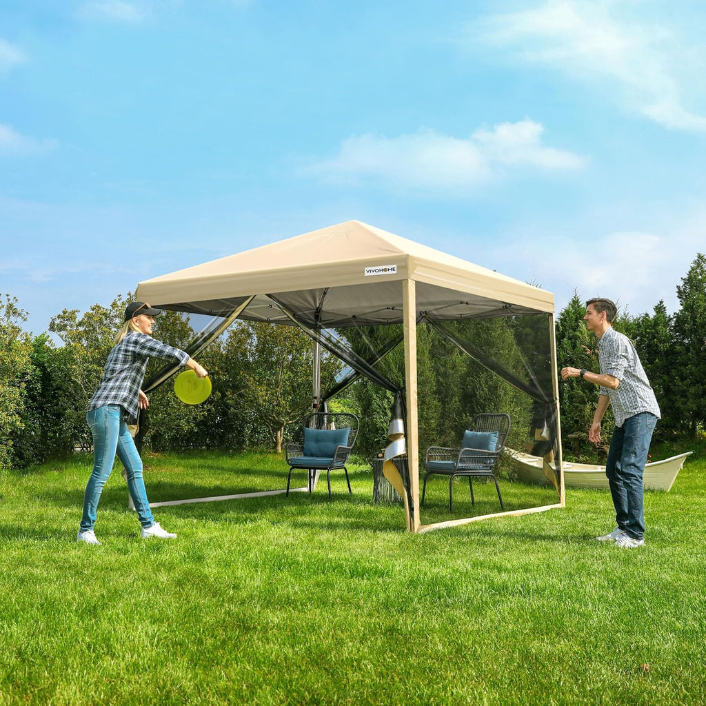 10x10ft Easy Pop-Up Canopy, Outdoor Screen Tent with Mosquito Netting, 2 Zipper Doors, and Roller Bag for Yard Camping Picnic Party Events, Beige wourant
