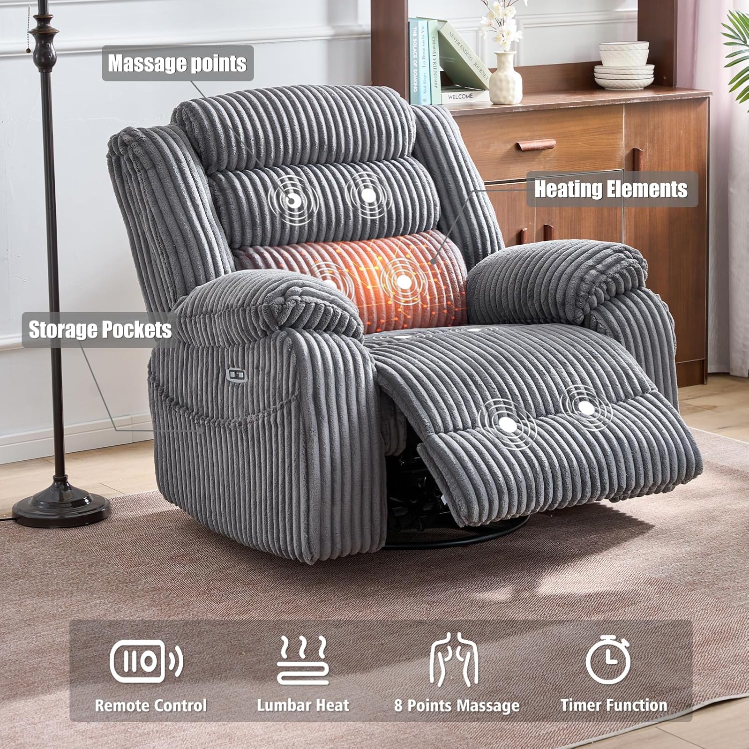 Electric rotary rocker lounge chair for adults with massage and calories, USB and C charging ports wourant