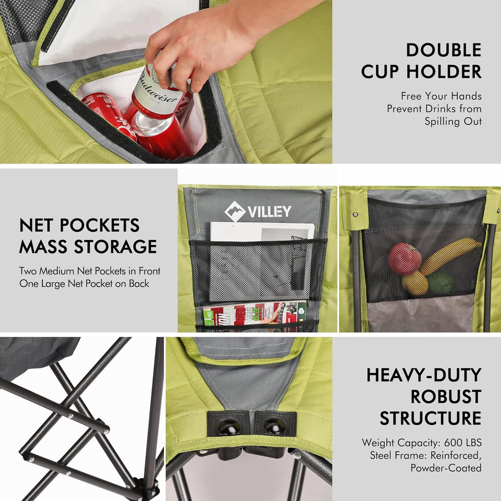 Double camping chair (with cooler bag), extra wide love seat, heavy duty padded camping sofa, portable folding chair wourant