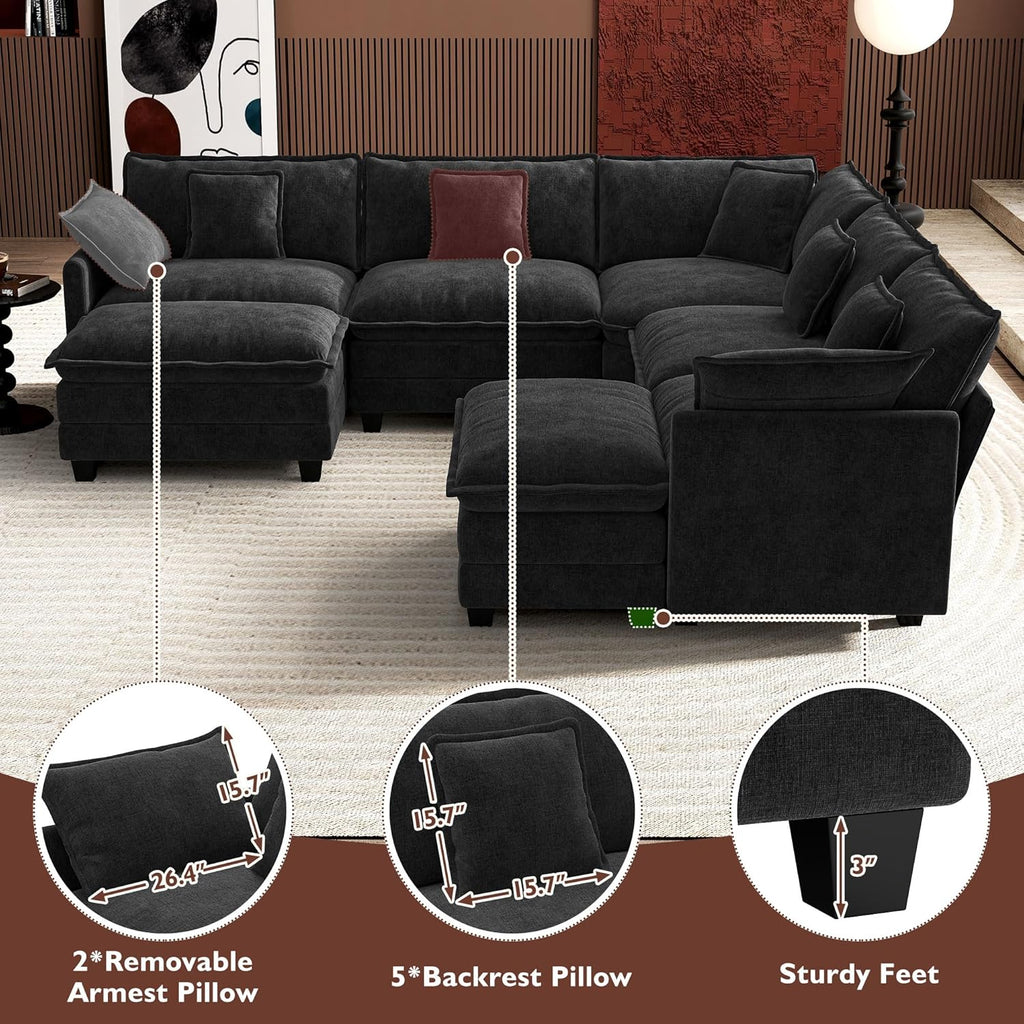 Ihanherry 146" U-Shaped Modern Sofa Modular Sectional Cloud Couch with 2 Ottoman, 6-Seat Chenille Deep Seat Sofa with 6 Pillows for Living Room, Bedroom and Apartment, Grey wourant