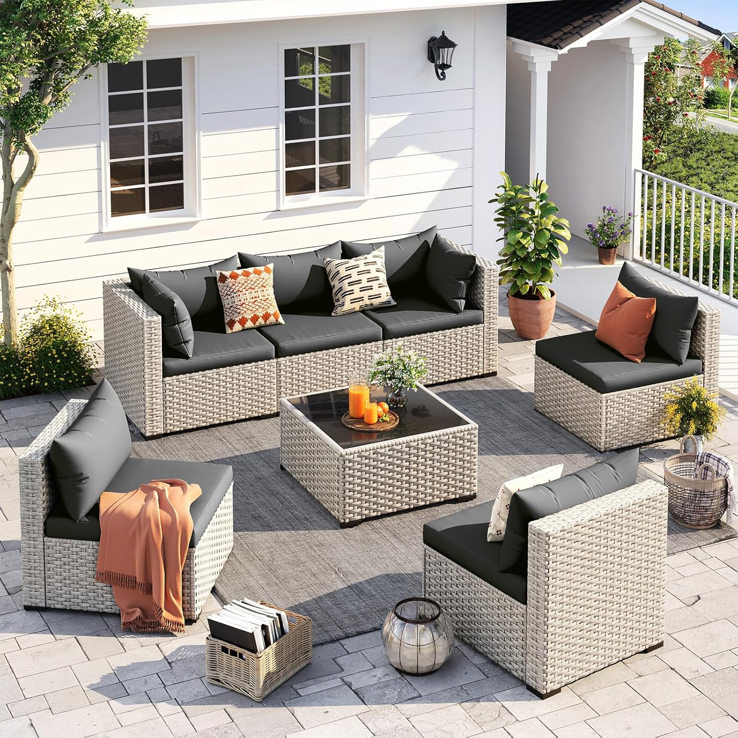 UDPATIO Outdoor Patio Furniture Set, 7-Piece PE Wicker Sectional Sofa with Tea Table, Outdoor Conversation Set for Patio, Garden, Backyard Green wourant