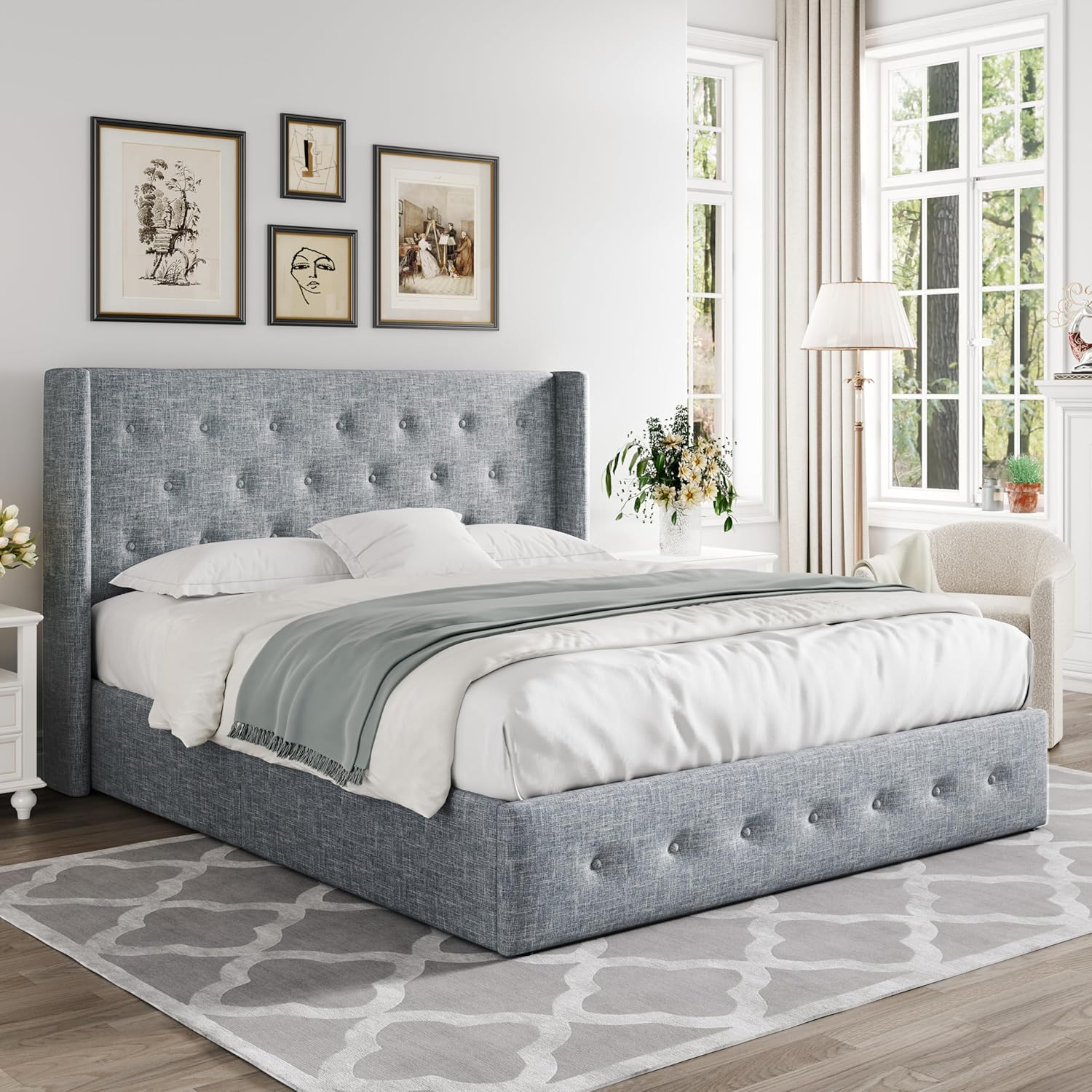 Allewie Queen Size Lift Up Storage Bed Modern Wingback Headboard Hydraulic Support wourant