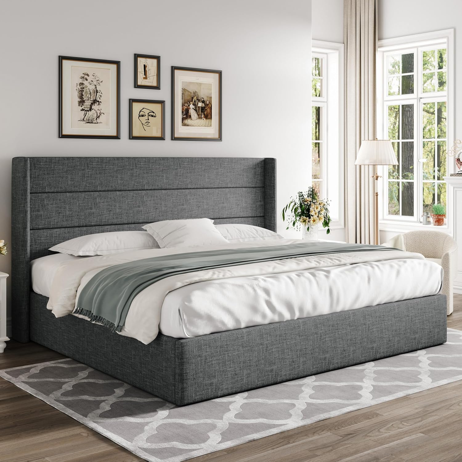 Allewie Queen Size Lift Up Storage Bed Modern Wingback Headboard Hydraulic Support wourant