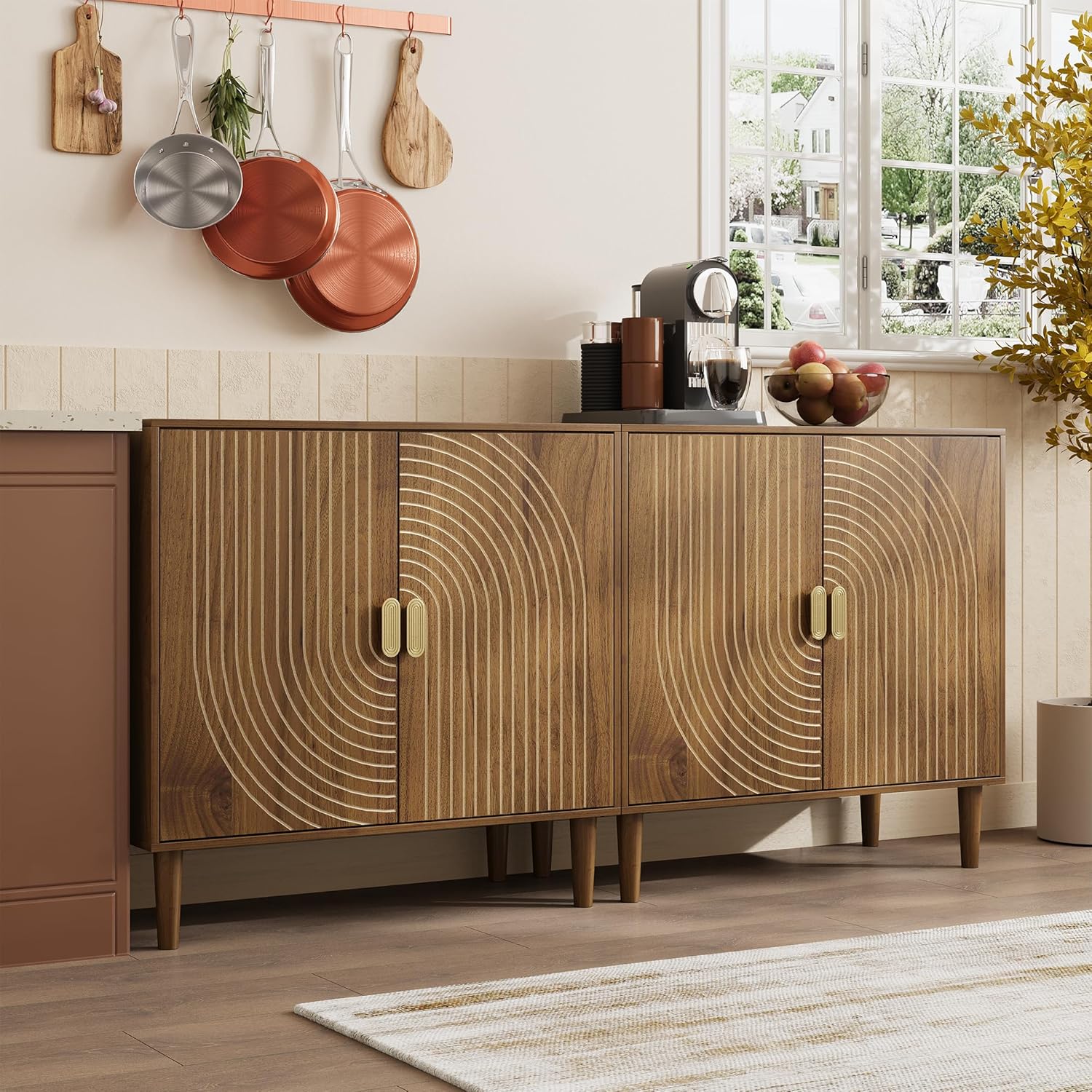 Walnut sideboard, freestanding dining cabinet with cable channel design, wooden storage cabinet with adjustable shelves wourant