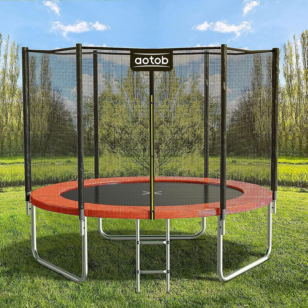 AOTOB 8FT 10FT 12FT 14 FT 15FT Trampoline with Safety Enclosure Net，Outdoor Trampoline with Basketball Hoop, Heavy Duty Jumping Mat and Spring Cover Padding for Kids and Adults, Storage Bag and Ladder wourant