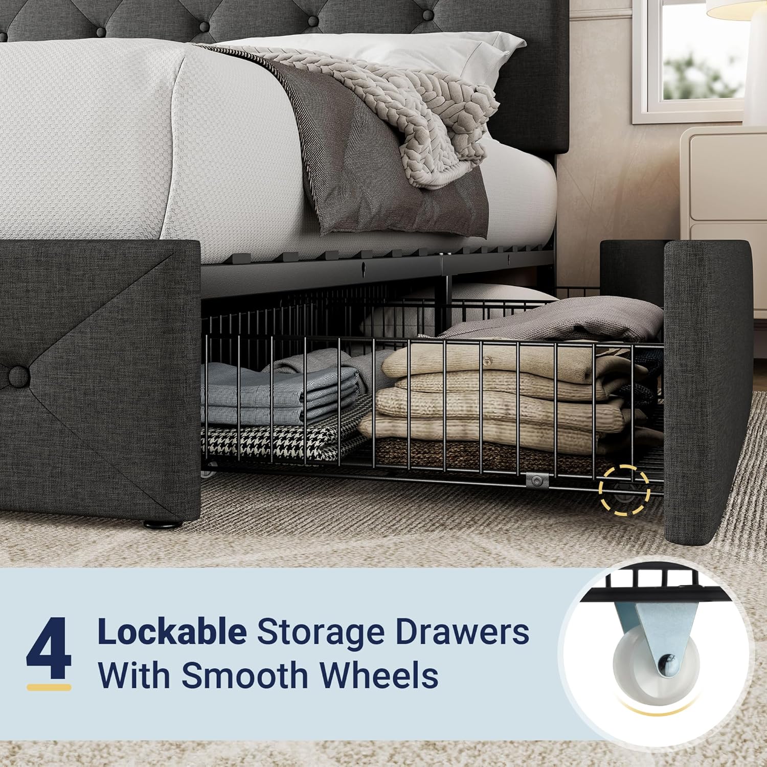 Allewie Upholstered Queen Size Platform Bed Frame with 4 Storage Drawers and Headboard wourant