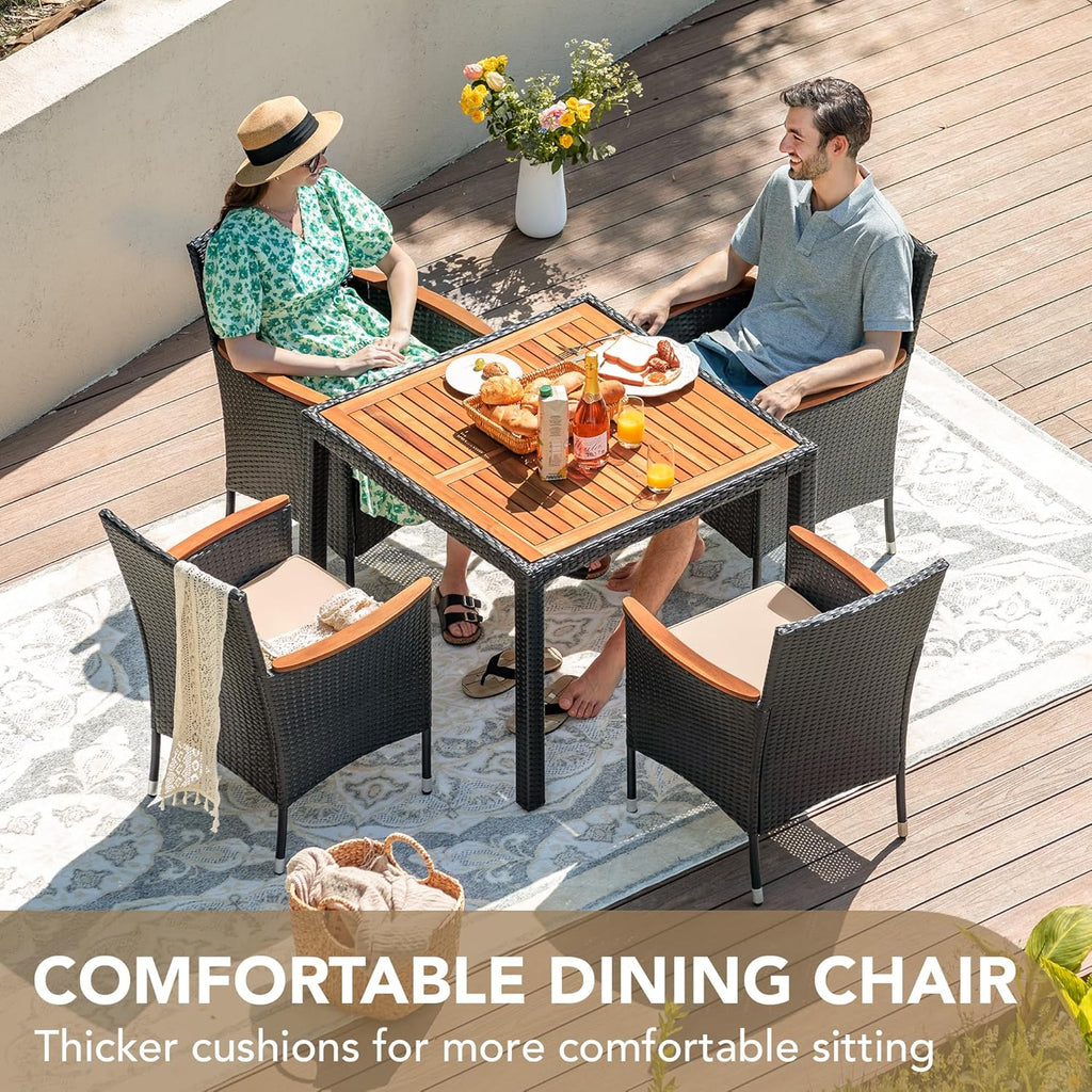 Devoko Dining 7 PCS Furniture, Patio Conversation Set with Acacia Wood Table Top, Rattan Outdoor, Black wourant