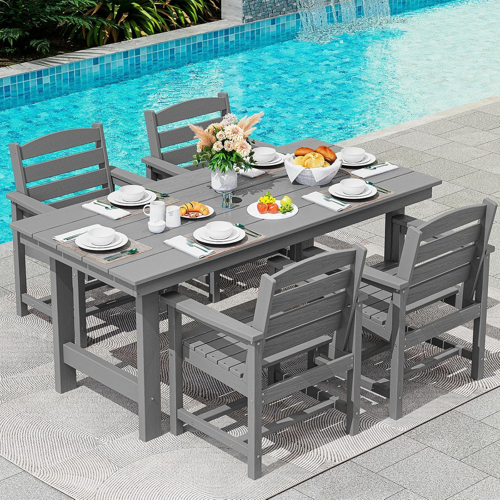 Outdoor HDPE Dining Table Set, 7-Piece Outdoor Dining Table Sets with Umbrella Hole Cut-Out Table and 6 Chairs wourant
