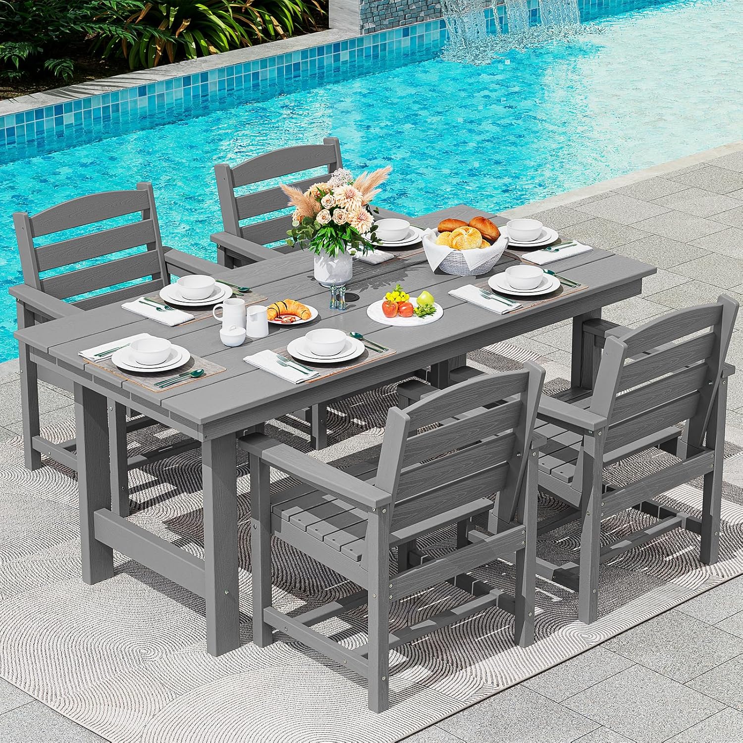 Outdoor HDPE Dining Table Set, 7-Piece Outdoor Dining Table Sets with Umbrella Hole Cut-Out Table and 6 Chairs wourant