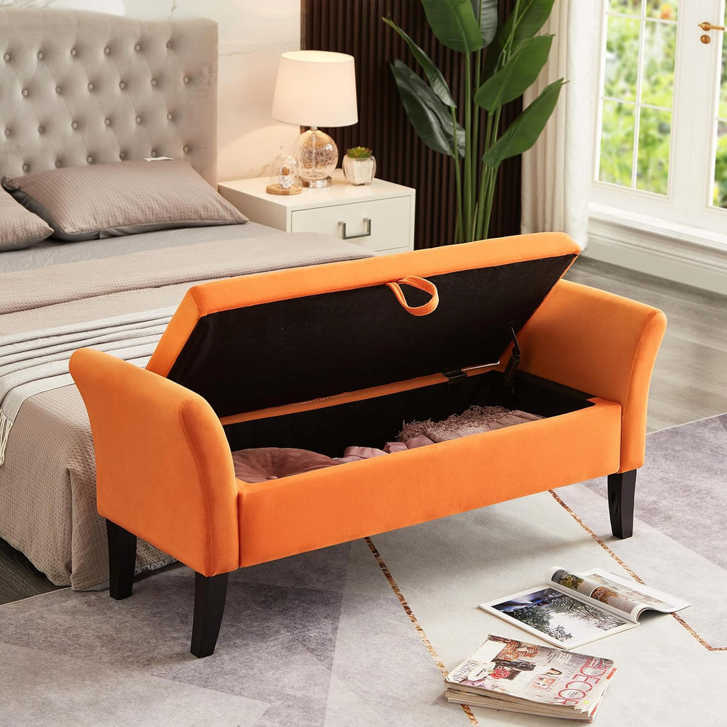 Furniliving Modern Storage Ottoman Bench, Sherpa Ottoman End of Bed Bench with Solid Wood Legs Upholstered Ottoman Benches with Storage Indoor Bench wourant