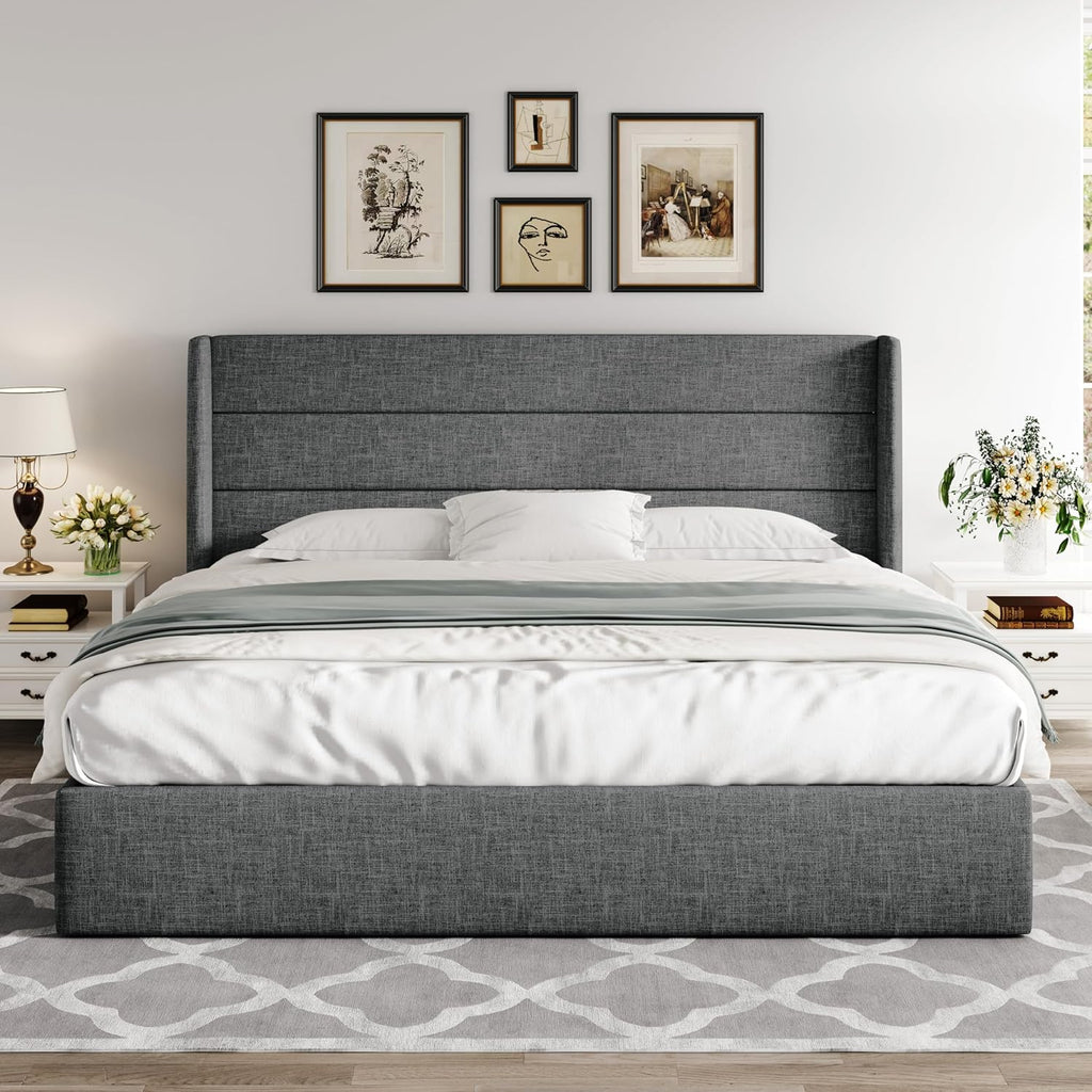 Allewie Queen Size Lift Up Storage Bed Modern Wingback Headboard Hydraulic Support wourant