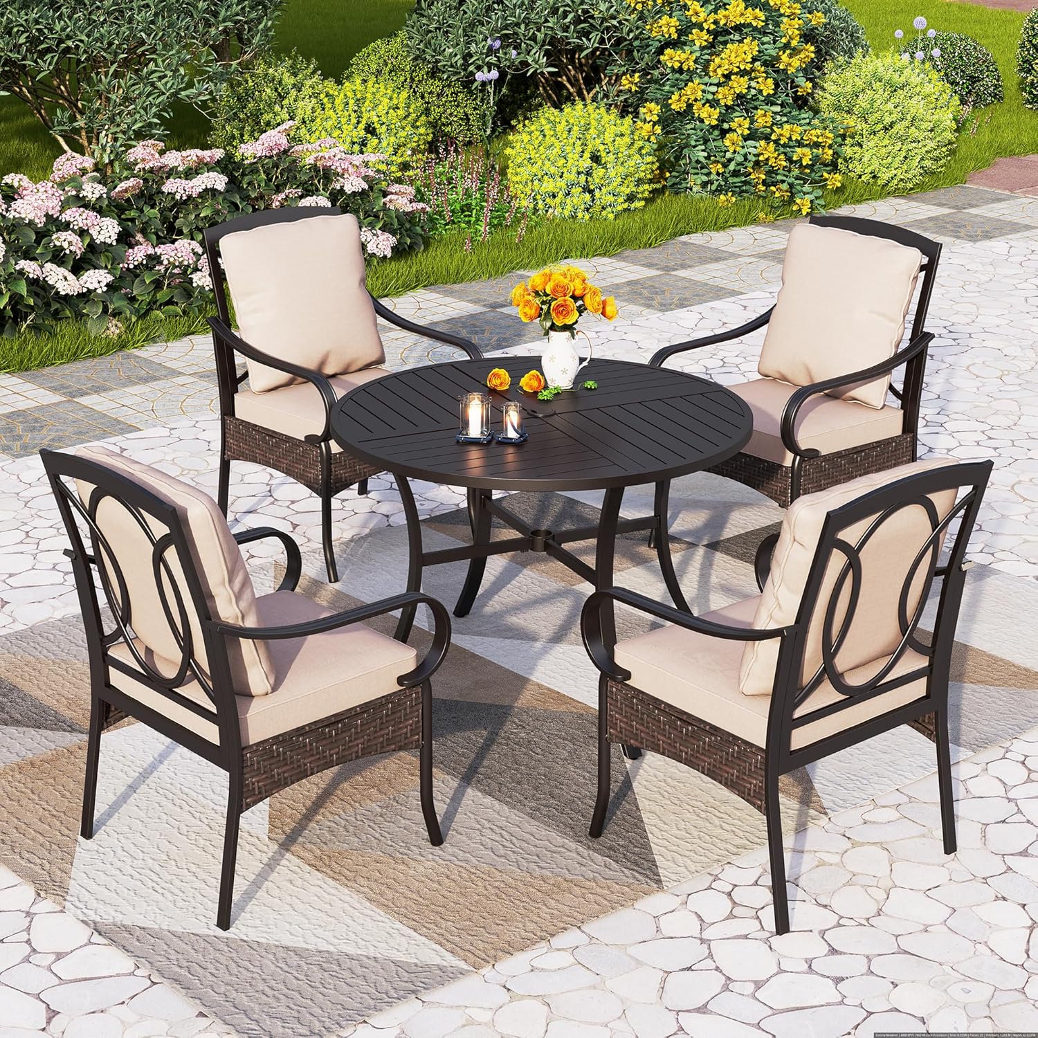 PHI VILLA 6-Piece Outdoor Dining Sets, All-Weather Patio Table and Chairs Set with Umbrella for 4, Heavy Duty Patio Round Table Set for Deck, 4 Extra Large Outdoor Swivel Chairs with Thick Cushions wourant