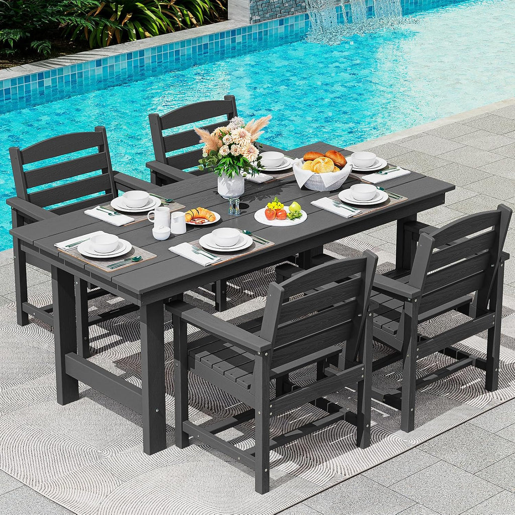 Outdoor HDPE Dining Table Set, 7-Piece Outdoor Dining Table Sets with Umbrella Hole Cut-Out Table and 6 Chairs wourant