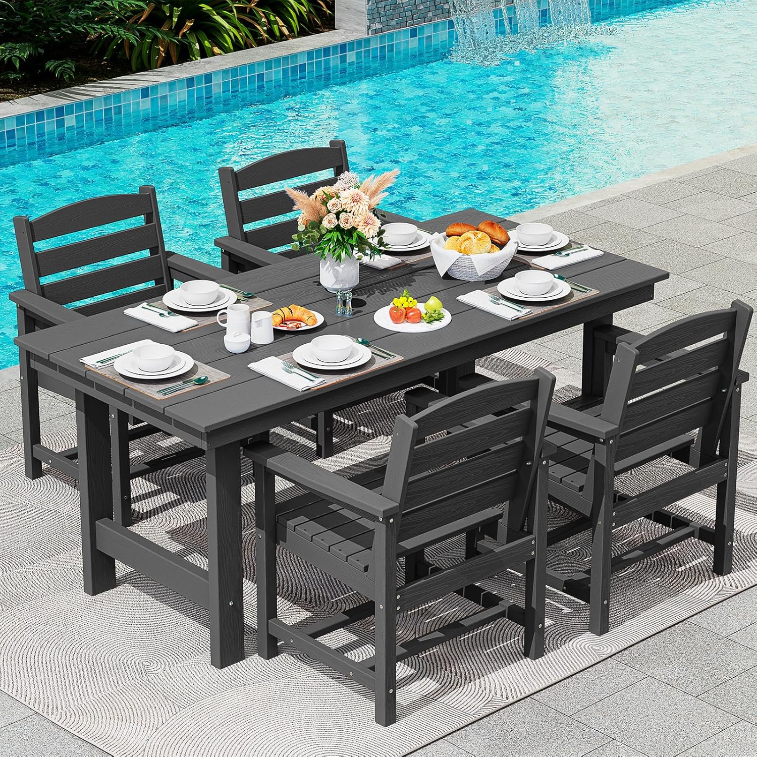 Outdoor HDPE Dining Table Set, 7-Piece Outdoor Dining Table Sets with Umbrella Hole Cut-Out Table and 6 Chairs wourant