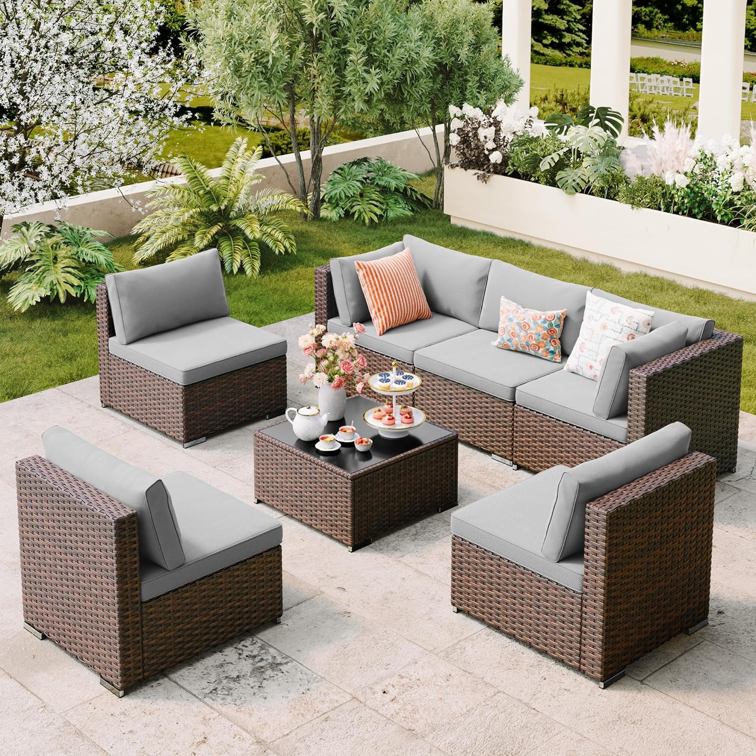 7 Pieces Outdoor Patio Furniture Set, PE Rattan Outdoor Wicker Sectional Furniture Sofa Set, with Cushions and Glass Coffee Table, for Balcony, Porch, Garden, Grey woonhhop
