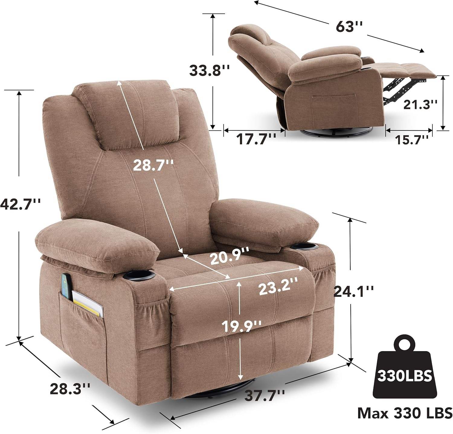 Large Swivel Rocking Recliner with Heating and Massage Function, 360 Degree Swivel Rocking Single Sofa wourant