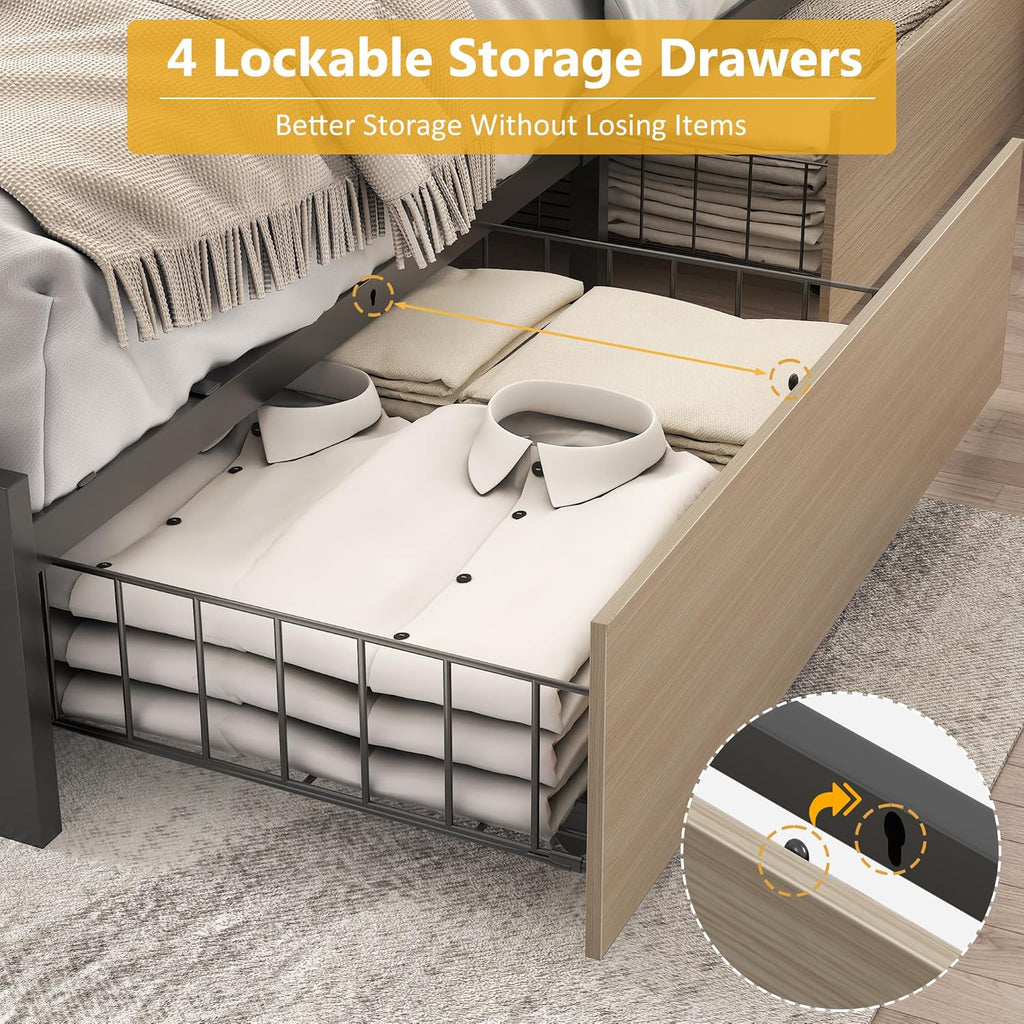Lifezone Queen Bed Frame with 2-Tier Storage Headboard, Metal Platform Bed Frame with 4 Storage Drawers, Built in Charging Station & LED, Noise-Free/Metal Support/No Box Spring Needed wourant