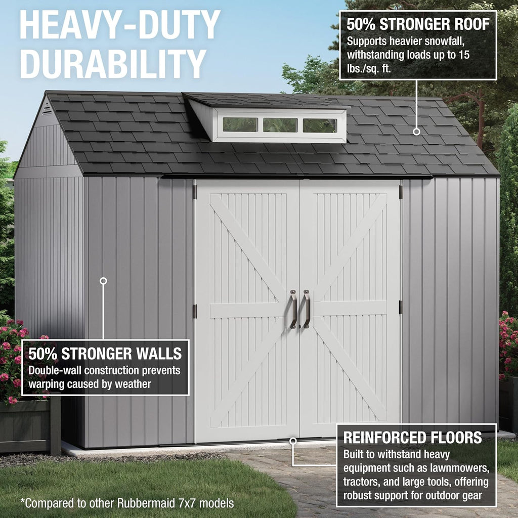 Rubbermaid Resin Outdoor Storage Shed With Floor (7 x 7 Ft) Weather Resistant Gray Organization for Home/Backyard/Garden Tools/Lawn Mower/Bike Storage/Pool Supplies wourant