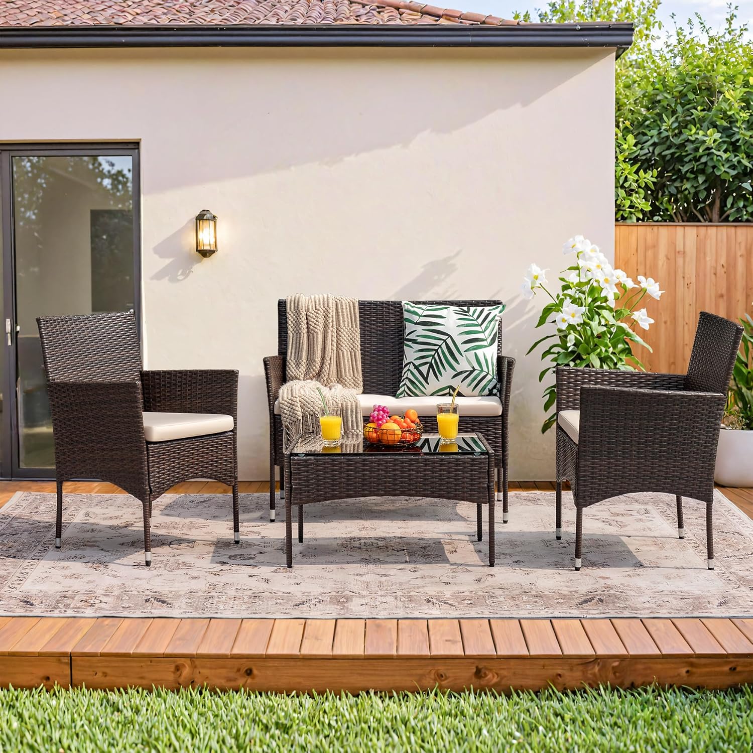 Homall 4 Pieces Outdoor Patio Furniture Sets Rattan Chair Wicker Set, Outdoor Indoor Use Backyard Porch Garden Poolside Balcony Furniture Sets (Grey) wourant