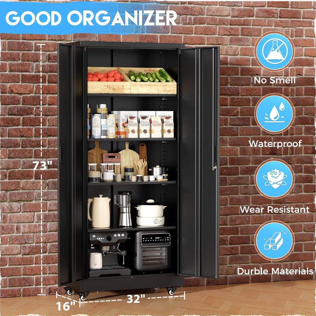 Greenvelly Metal Storage Cabinet, 72" Black Locking Metal Cabinet with 2 Doors and 4 Adjustable Shelves, Lockable Garage Storage Cabinets for Home Office, Garage, Kitchen, Living Room wourant