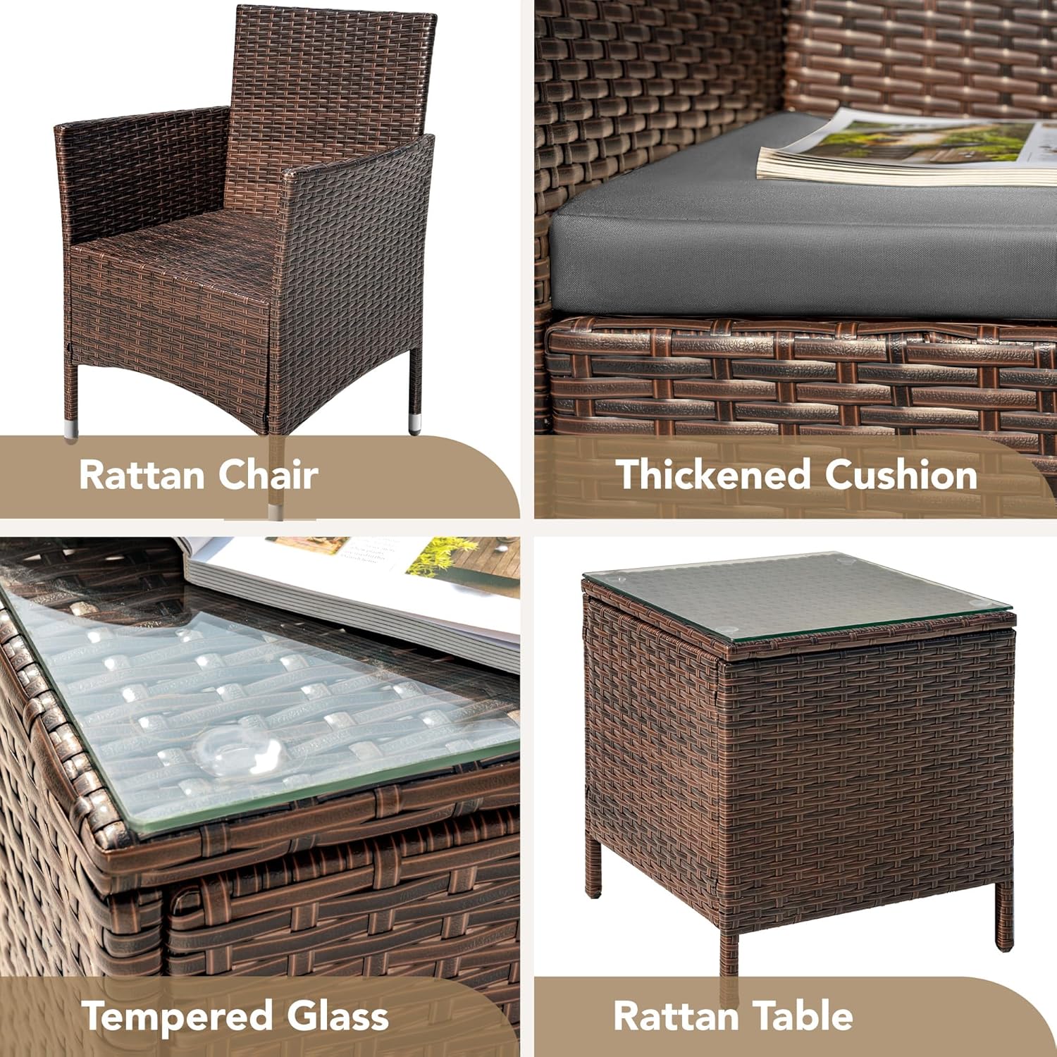 Devoko Patio Porch Furniture Sets 3 Pieces PE Rattan Wicker Chairs with Table Outdoor Garden Furniture Sets (Brown/Beige) wourant