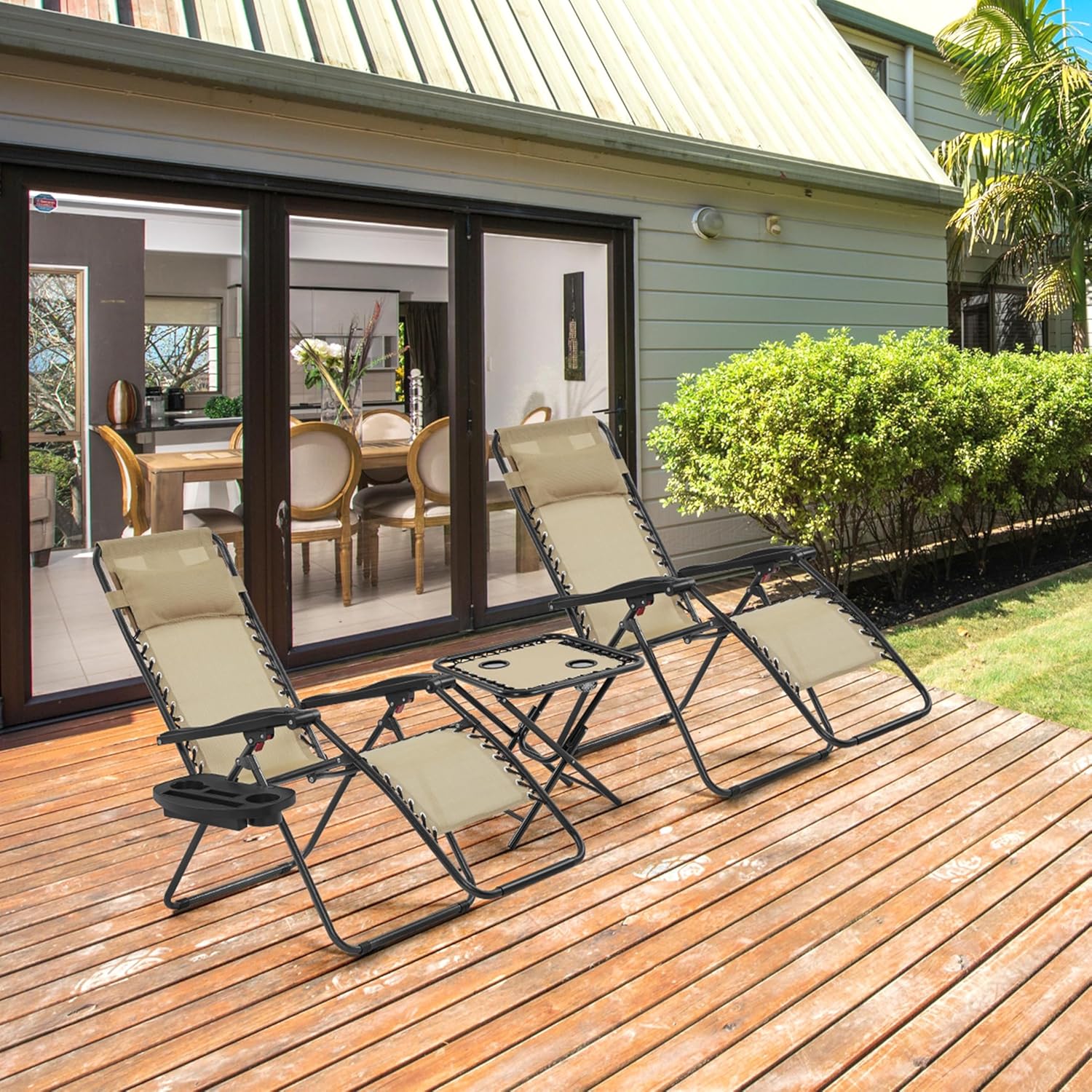 3PCS Zero Gravity Recliner Portable Outdoor Reclining Chair Set w/Side Table Folding Chaise Lounge Chairs wourant