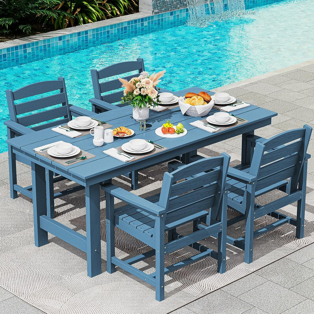 Outdoor HDPE Dining Table Set, 7-Piece Outdoor Dining Table Sets with Umbrella Hole Cut-Out Table and 6 Chairs wourant