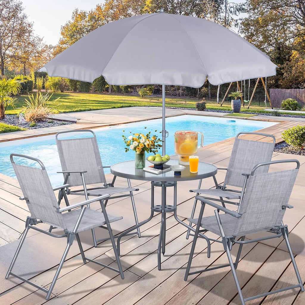 Vongrasig 6 Piece Folding Patio Dining Set,Small Metal Outdoor Garden Patio Table and Chair Set w/Umbrella for Lawn,Deck,Backyard,Black wourant