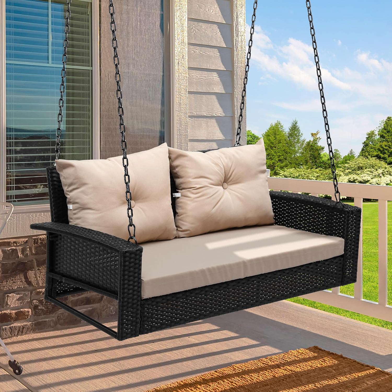 YITAHOME Hanging Porch Swing Chair Sits 3 People, Wicker Outdoor Swing Bench, Patio Lounge Chair, 1 Seating Cushion and 3 Back Cushions, w/Removable Covers, for Garden, Balcony, Backyard, Brown wourant