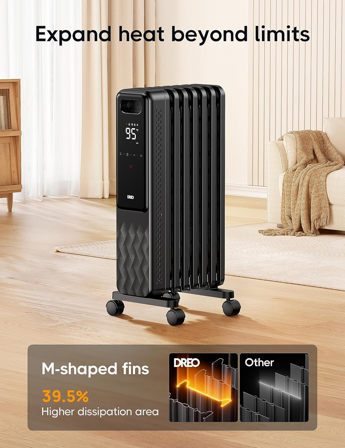 Dreo Oil Filled Radiator, Electric Radiant Heaters for indoor use Large Room with Remote Control, Child Lock, 4 Modes, Overheat & Tip-Over Protection, 24h Timer, Digital Thermostat, Quiet, 1500W wourant