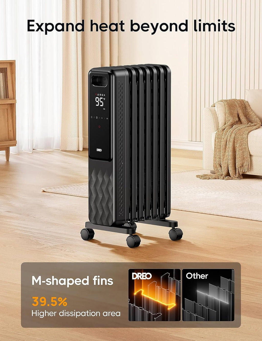 Indoor electric radiant heater with overheat and tip-over protection, digital thermostat, oil-filled radiator wourant