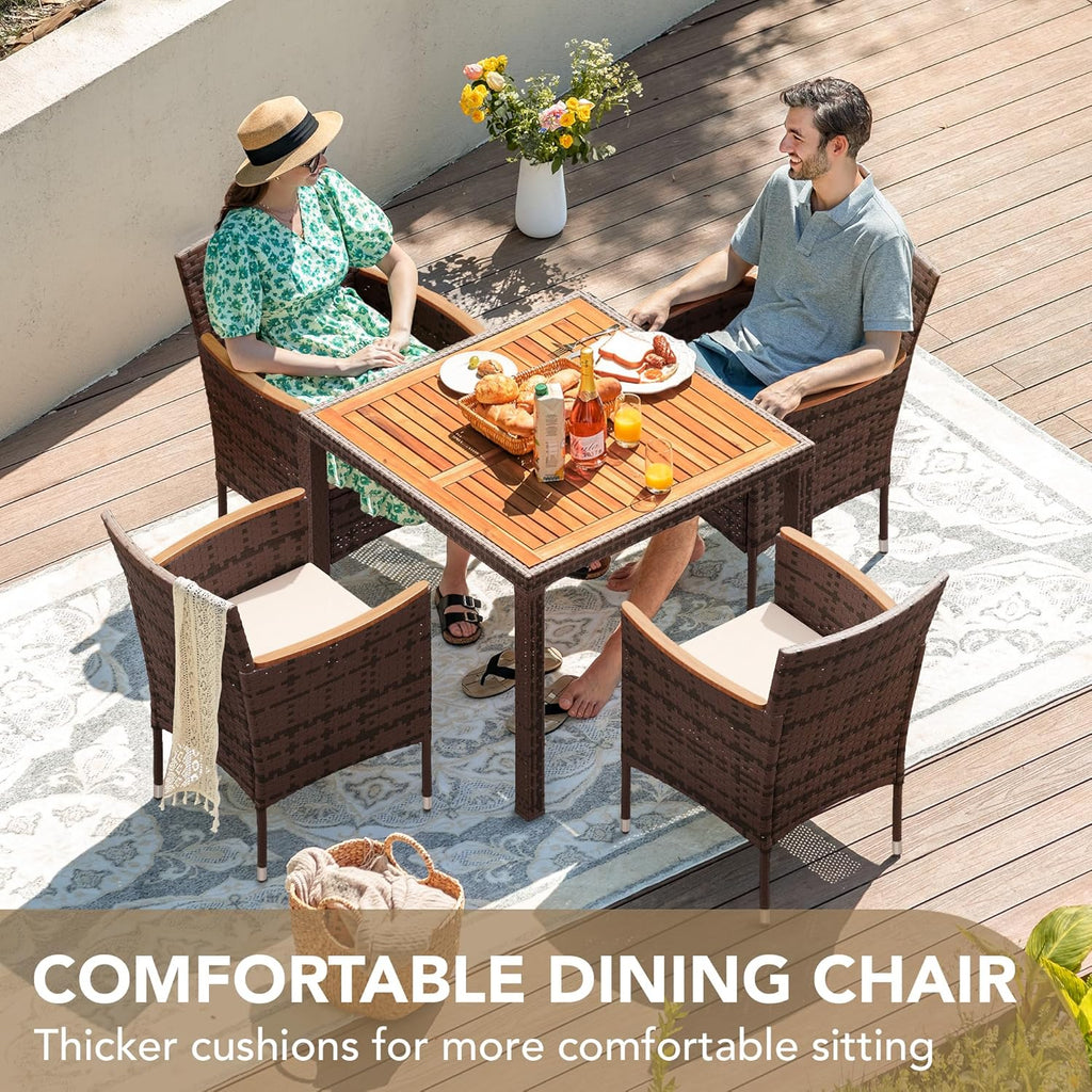 Devoko Dining 7 PCS Furniture, Patio Conversation Set with Acacia Wood Table Top, Rattan Outdoor, Black wourant