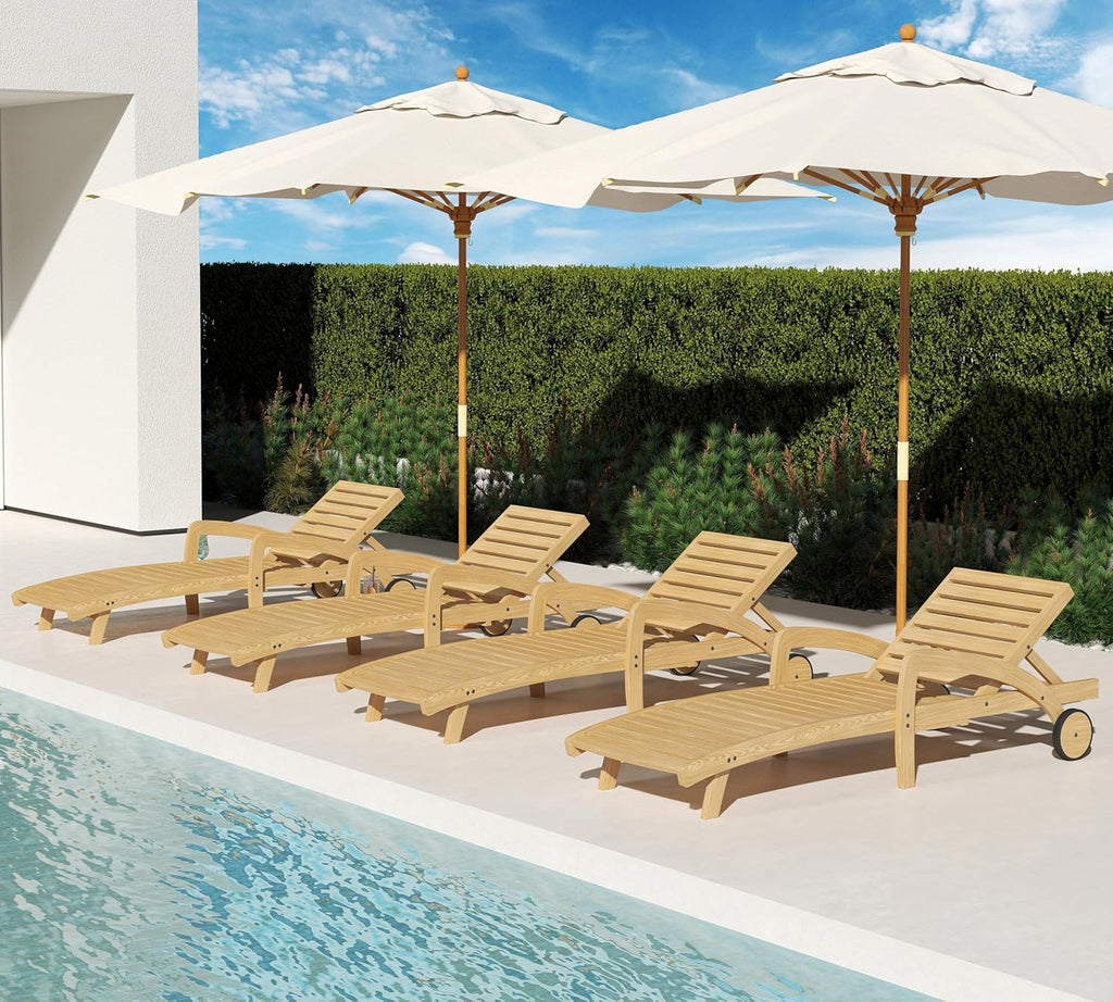 Pool Chaise Lounge Chairs Set of 4 5-Position Adjustable Outdoor Patio Lounge Chairs Wood Reclining Chaise Lounger Chair with Pullout Side Table wourant