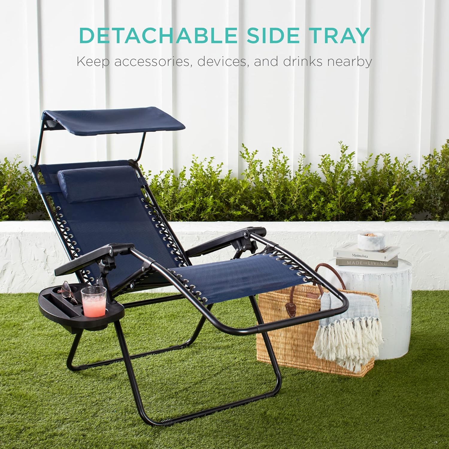 Best Choice Products Folding Zero Gravity Outdoor Recliner Patio Lounge Chair w/Adjustable Canopy Shade, Headrest, Side Accessory Tray, Textilene Mesh - Peacock Blue wourant