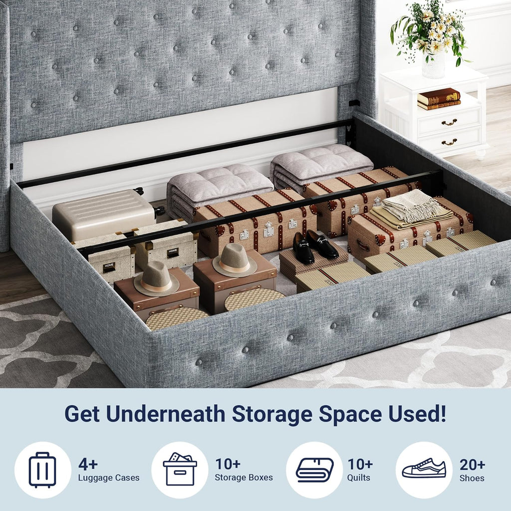 Allewie Queen Size Lift Up Storage Bed Modern Wingback Headboard Hydraulic Support wourant