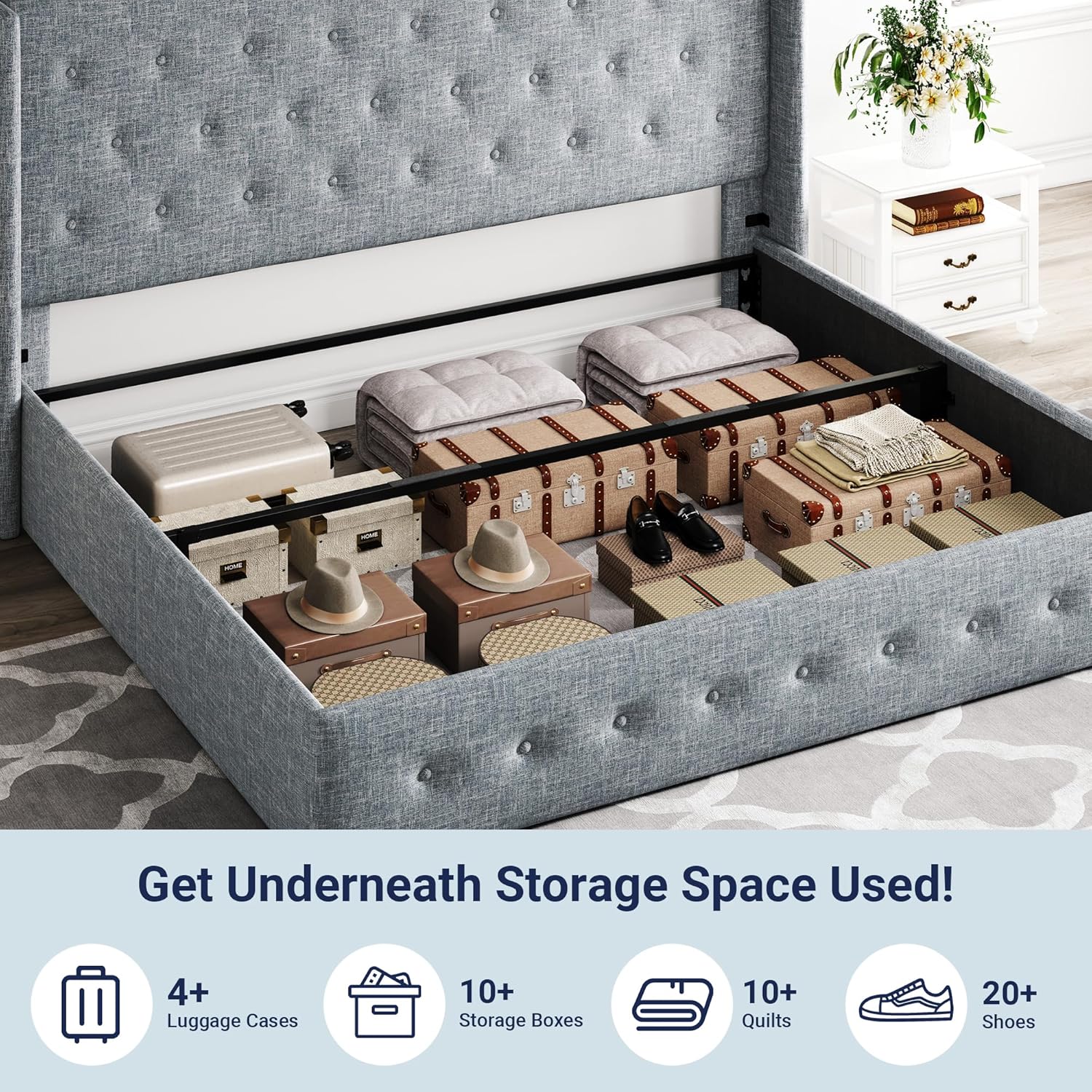 Allewie Queen Size Lift Up Storage Bed Modern Wingback Headboard Hydraulic Support wourant