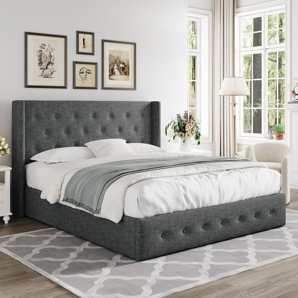 Allewie Queen Size Lift Up Storage Bed Modern Wingback Headboard Hydraulic Support wourant