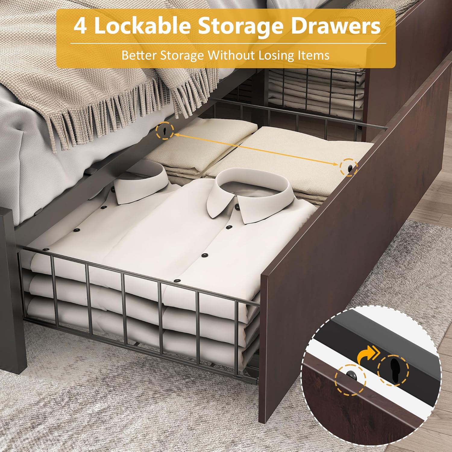 Lifezone Queen Bed Frame with 2-Tier Storage Headboard, Metal Platform Bed Frame with 4 Storage Drawers, Built in Charging Station & LED, Noise-Free/Metal Support/No Box Spring Needed wourant