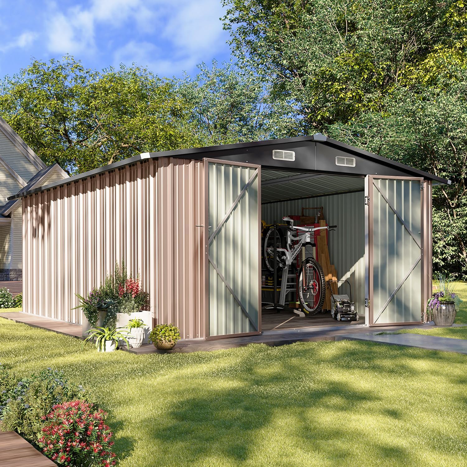Aoxun 12x10 FT Shed Metal Outdoor Waterproof Storage Shed Steel Utility Garden Tool Shed with Door & Lock Outdoor Storage for Garden Patio Lawn Poolside, Brown wourant