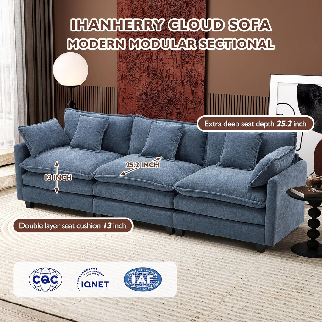 Ihanherry 146" U-Shaped Modern Sofa Modular Sectional Cloud Couch with 2 Ottoman, 6-Seat Chenille Deep Seat Sofa with 6 Pillows for Living Room, Bedroom and Apartment, Grey wourant