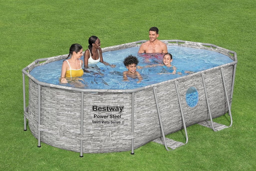 Power Steel 14' x 8'2" x 39.5" Oval Above Ground Pool Set | Includes 530gal Filter Pump, Ladder, ChemConnect Dispener wourant
